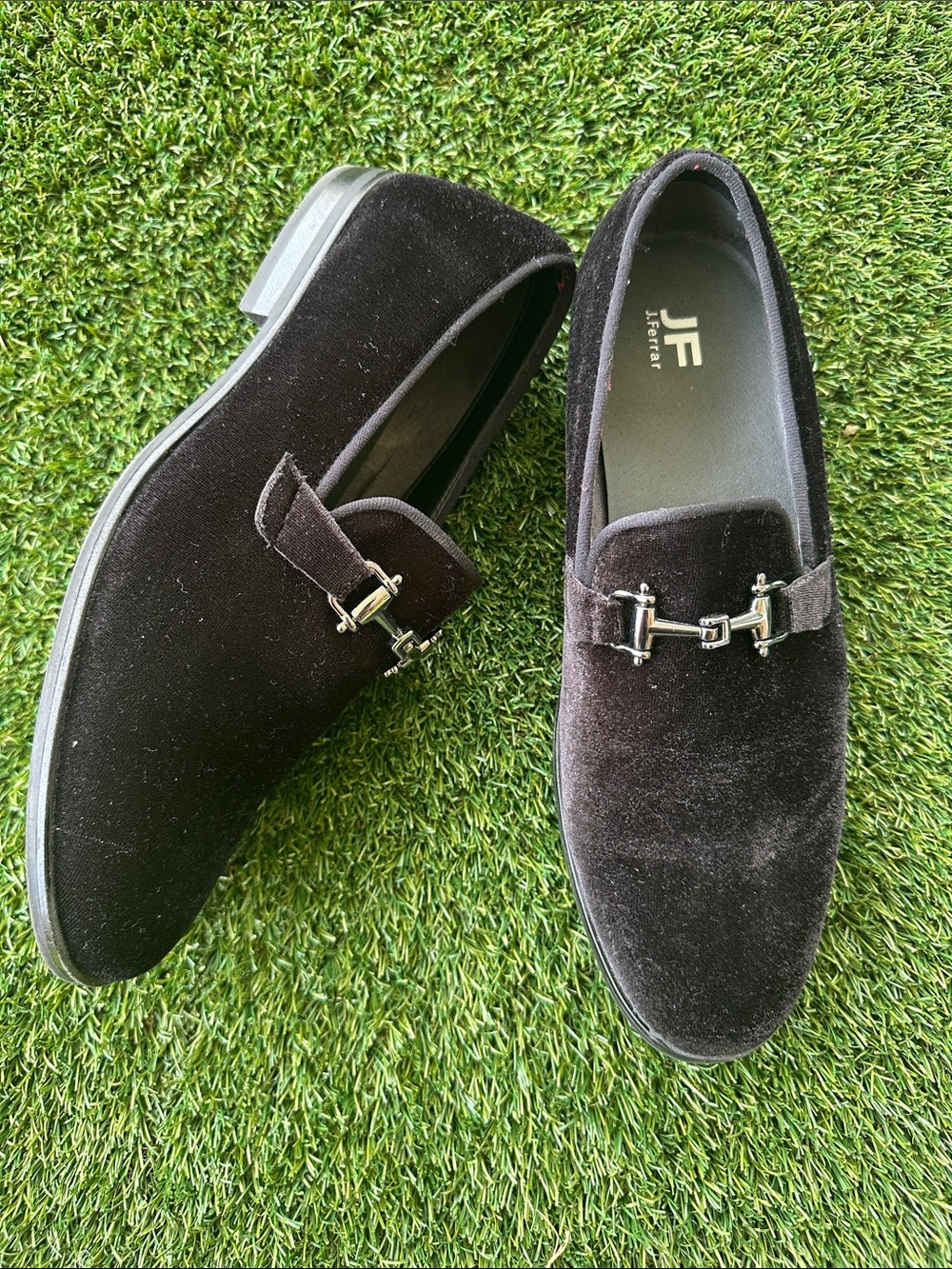jf j.ferrar Men's Black Velvet Slip-On Loafers with Silver Bit